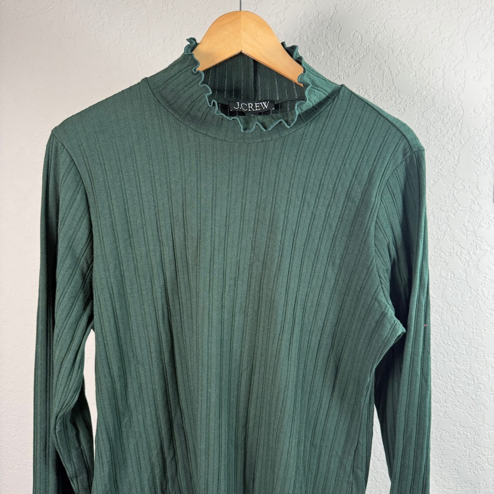 J.Crew Womens Forest Green Ribbed Mock Neck Lettuce Edge Long Sleeve Top Size L - Picture 2 of 9